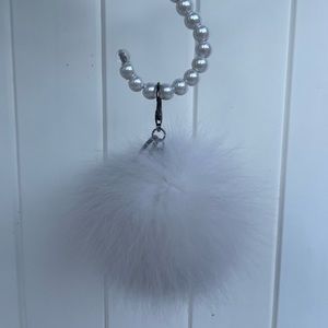 White Adrienne Landau fur pompom keychain
